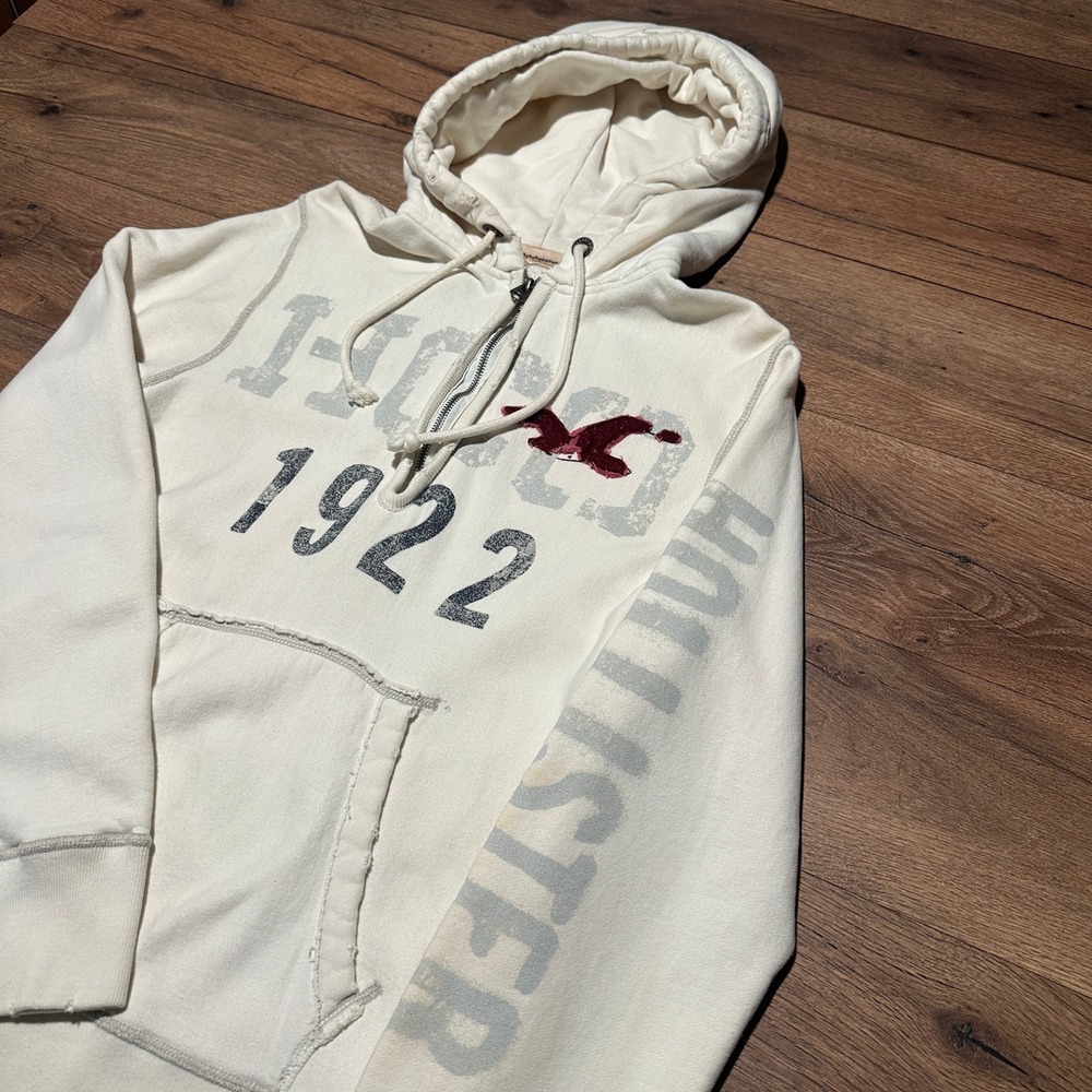 Hollister Cream Graphic Quarter Zip Hoodie Mens Medium 1922 Seagull Logo